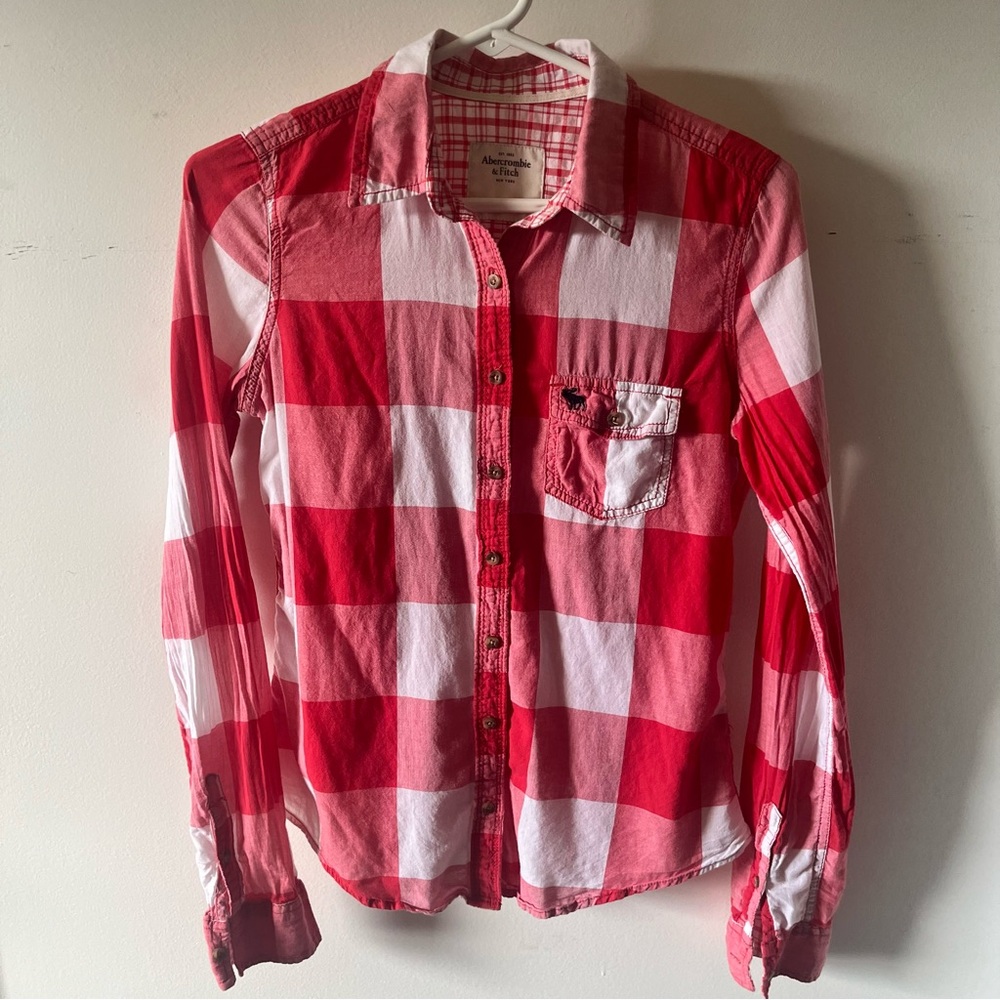 Y2K Abercrombie & Fitch Red and White Checkered plaid button down Shirt sz XS